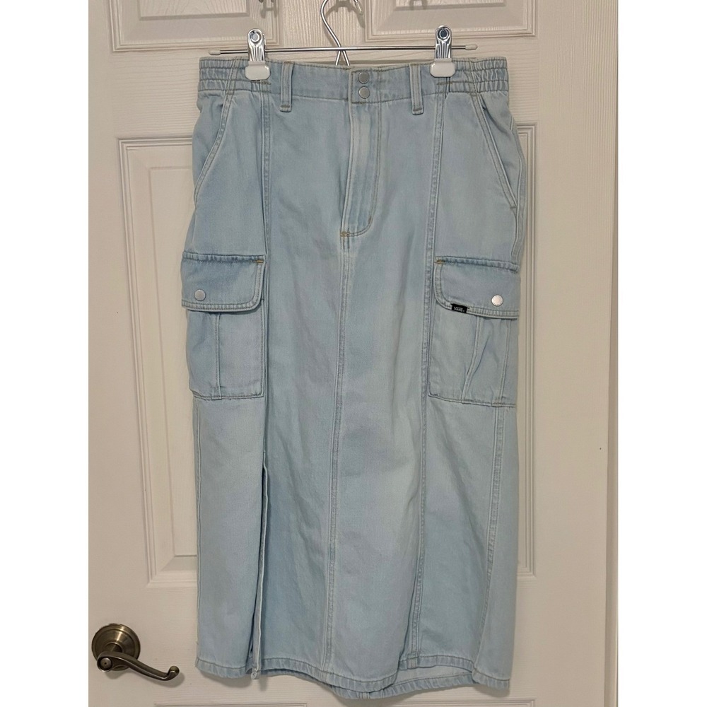 Vans Sidewalk Light Wash Denim Cargo Maxi Skirt Slit Medium
